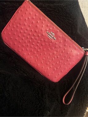 Coach Pink Ostrich-Embossed Leather Wristlet Pouch